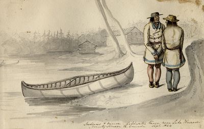 Indians and Canoe, Coldwater River, Coldwater, Ontario.