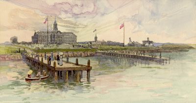 Crystal Palace (1879-1906), looking north, Dufferin St. Wharf left foreground. Toronto, Ont.