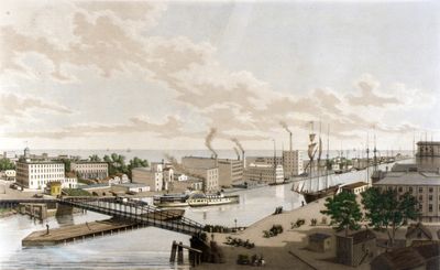 Rush Street Bridge, Chicago, 1861